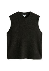 Maglione smanicato lavorato a maglia scura con scollo tondo e orlo a coste. Il materiale appare morbido con una leggera trama e una sottile lucentezza.