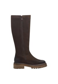 Botas marrones hasta la rodilla con una textura suave, cremallera lateral y suela gruesa de tipo lug. El diseño presenta una puntera redondeada y detalles de costura sutiles.