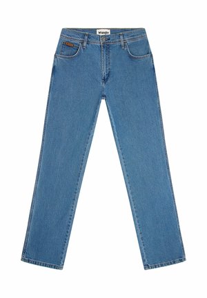 Lichtblauwe denim jeans met rechte beenen, vijf-pocket ontwerp en een bruin leren logo patch op de achterkant van de tailleband.