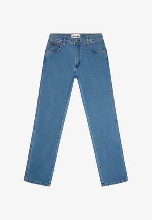 Jasnoniebieskie dżinsy z prostymi nogawkami, pięcioma kieszeniami oraz brązową skórzaną naszywką z logo na tylnym pasku.