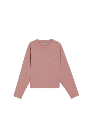 Sudadera rosa de manga larga con cuello redondo y pequeño logo verde bordado en el lado izquierdo del pecho, mostrada plana sobre fondo blanco.