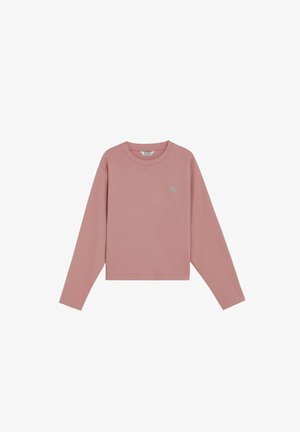 Sudadera rosa de manga larga con cuello redondo y pequeño logo verde bordado en el lado izquierdo del pecho, mostrada plana sobre fondo blanco.