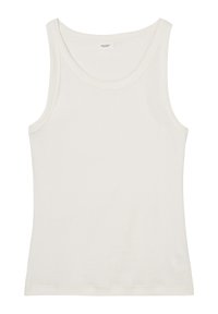 Débardeur blanc uni sans manches avec un col rond, en tissu doux, posé à plat sur un fond blanc.
