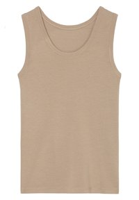 Top sin mangas de color beige, con escote redondo, confeccionado en una tela suave. Presenta bordes limpios y acabados y un ajuste relajado.