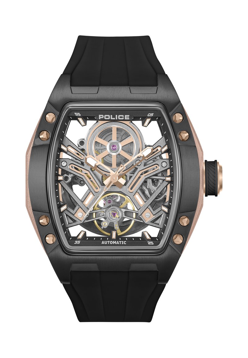 Črno in rožnato zlati samodejni uro s skeletno številčnico, pravokotno ohišje, gumijastim paščkom in izrazitimi številčnicami. Vidni so pomembni zobniški mehanizmi.