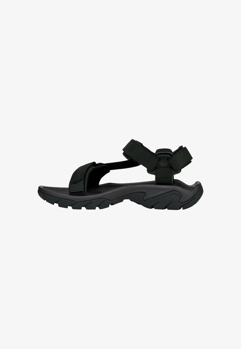Zwarte sandalen met verstelbare banden, geëffectueerde rubberen zool en gevormde voetbed. Lichtgewicht ontwerp met een uitgelokt profiel voor grip.