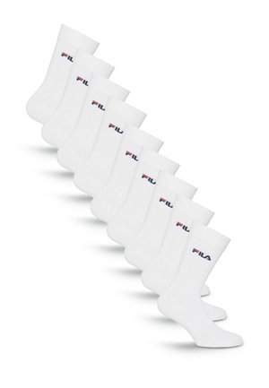 Ni par hvide mellemlange sokker med FILA-logo i rød og blå, vist diagonalt på en hvid baggrund.