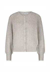 Lichtgrijze gebreide cardigan met lange mouwen, knoopsluiting aan de voorkant, geribde manchetten en zoom, subtiele glinsteringdetails door het hele kledingstuk.