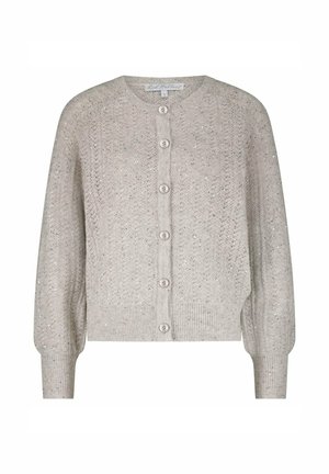 Lichtgrijze gebreide cardigan met lange mouwen, knoopsluiting aan de voorkant, geribde manchetten en zoom, subtiele glinsteringdetails door het hele kledingstuk.