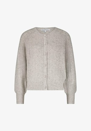 Lichtgrijze gebreide cardigan met lange mouwen, knoopsluiting aan de voorkant, geribde manchetten en zoom, subtiele glinsteringdetails door het hele kledingstuk.
