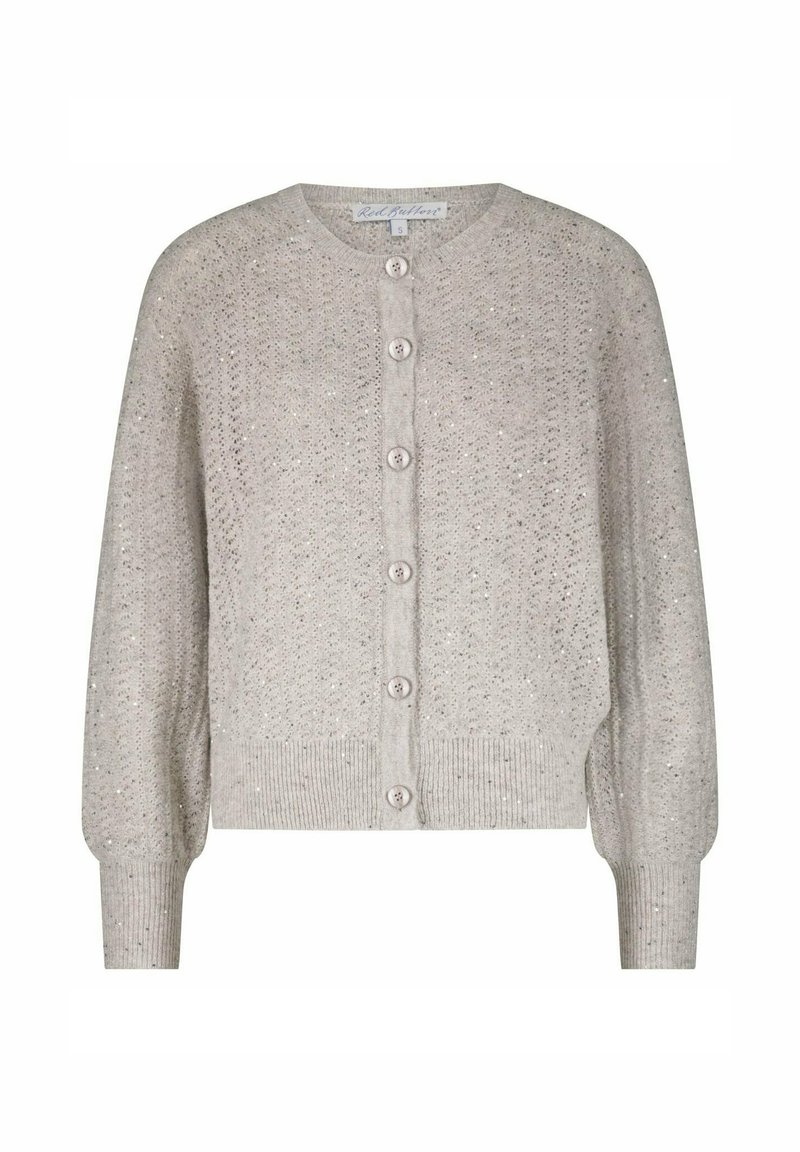 Lichtgrijze gebreide cardigan met lange mouwen, knoopsluiting aan de voorkant, geribde manchetten en zoom, subtiele glinsteringdetails door het hele kledingstuk.