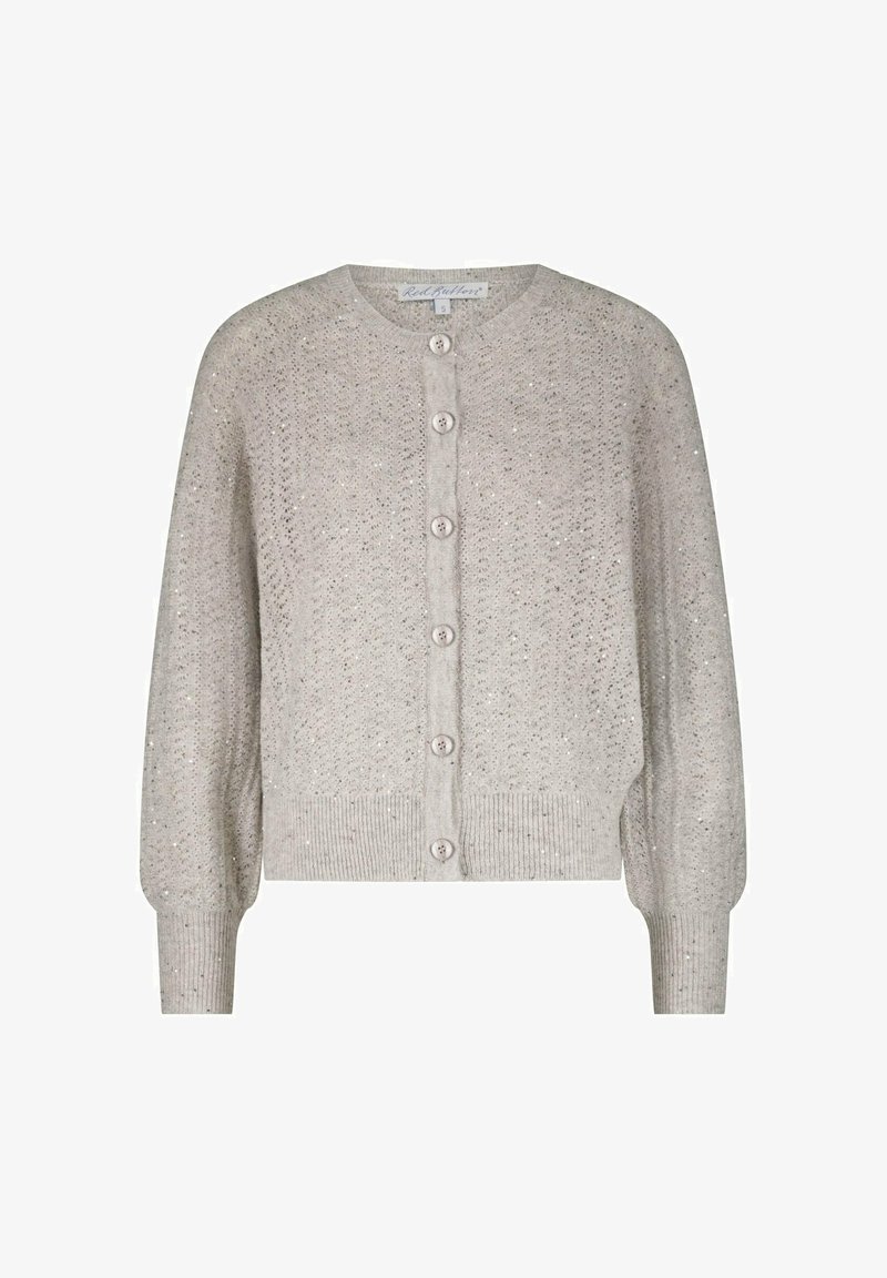 Lichtgrijze gebreide cardigan met lange mouwen, knoopsluiting aan de voorkant, geribde manchetten en zoom, subtiele glinsteringdetails door het hele kledingstuk.