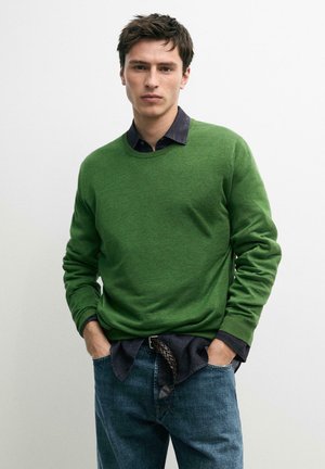 Giovane uomo con maglione verde sopra una camicia scura, con le mani nelle tasche di un paio di jeans blu, in piedi davanti a uno sfondo chiaro e uniforme.