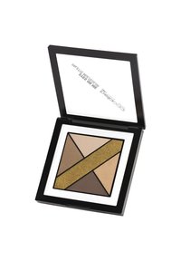 Palette di ombretti compatta con cinque tonalità: striscia diagonale di glitter dorato, beige, marrone chiaro, marrone scuro e tonalità pesca.