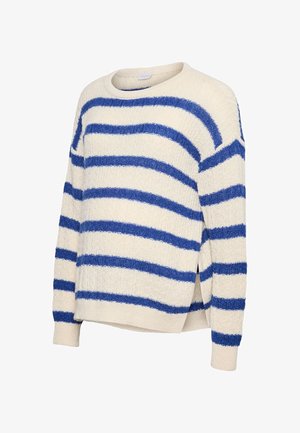 Strikket genser i kremfarge med blå horisontale striper. Har rund hals, lange ermer og sidesplitt for ekstra stil.