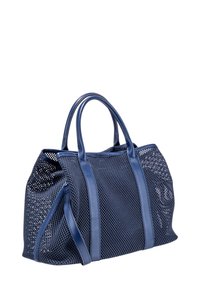 Sac en filet bleu marine avec des accents en cuir, forme structurée, doubles poignées et un motif de tissage ouvert pour la ventilation et la visibilité.