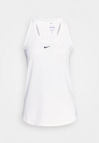 Top donna smanicato slim fit Nike Dri-FIT bianco con logo nero sul petto, esposto su uno sfondo chiaro e semplice.