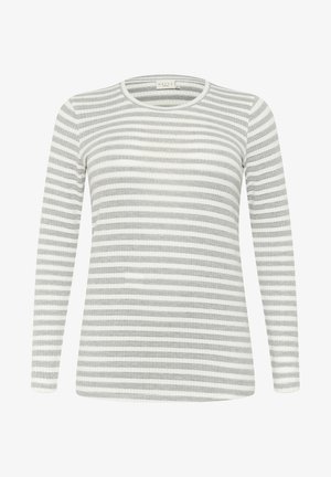 Long-sleeve striped top in light gray and white, ribbed texture, round neckline, features narrow horizontal stripes across the fabric.