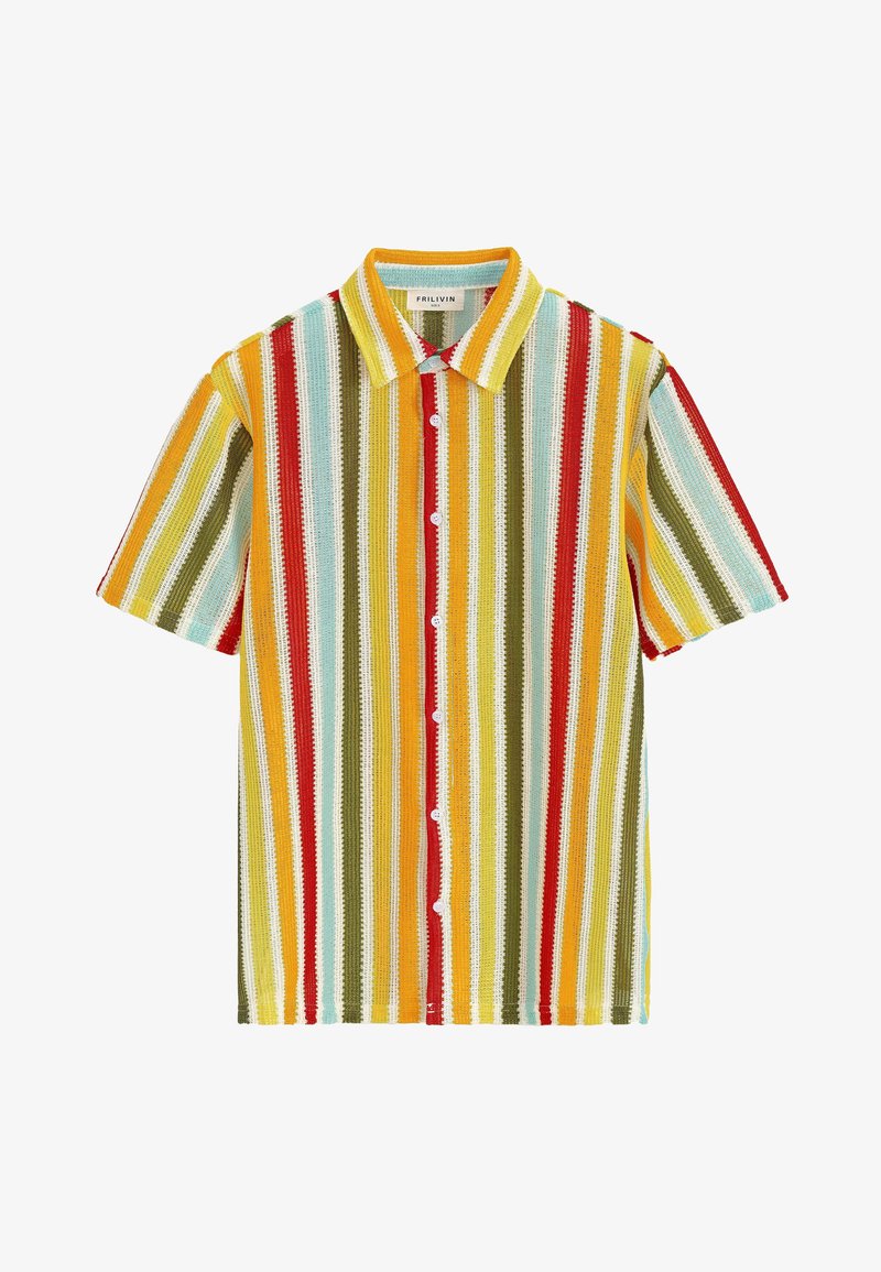 Chemise à col à manches courtes avec des rayures verticales colorées en jaune, vert, rouge et bleu. Elle possède un bouton sur le devant et un tissu texturé.
