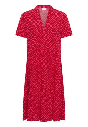 Red short-sleeve dress with a V-neck and geometric diamond pattern in darker red, fitted waist, and flared skirt.