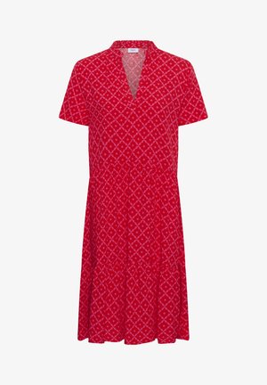 Rode jurk met korte mouwen, V-hals en een geometrisch diamantpatroon in donkerder rood, getailleerde taille en uitlopende rok.