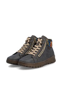 Chaussures montantes décontractées gris foncé avec lacets beige, fermetures éclair latérales, semelles marron et collets de cheville rembourrés colorés.