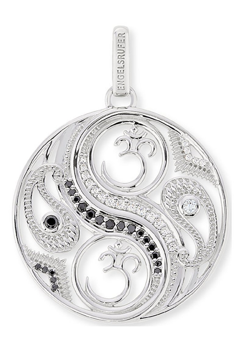 Ciondolo in argento con un intricato design a spirale, caratterizzato da pietre nere e bianche, di forma circolare e con dettagli incisi.