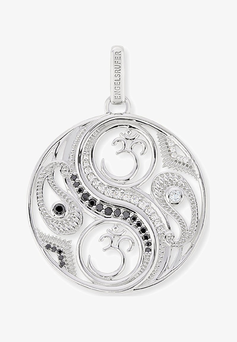 Ciondolo in argento con un intricato design a spirale, caratterizzato da pietre nere e bianche, di forma circolare e con dettagli incisi.
