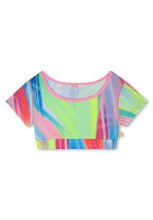 T-shirt court à manches courtes en motif tie-dye avec des couleurs vives, présentant un col rond et une bordure rose. Fabriqué en matériau léger et extensible.