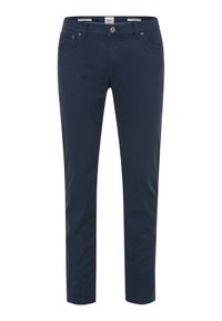 Marineblau, schlanke Hose aus Baumwollmischung. Mit Fronttaschen, Metallknopfverschluss und Gürtelschlaufen. Glatte Textur, ohne Muster.
