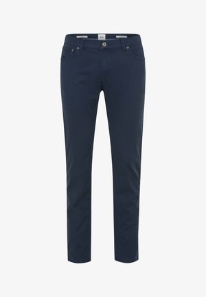 Marineblau, schlanke Hose aus Baumwollmischung. Mit Fronttaschen, Metallknopfverschluss und Gürtelschlaufen. Glatte Textur, ohne Muster.