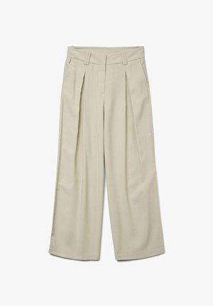 Beige wijde broek met hoge taille, voorzien van voorplooien en een soepele textuur. Op maat gemaakt ontwerp met riemlussen en zonder zichtbare zakken.