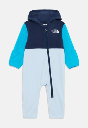 Conjunto de polar integral para crianças, com capuz, fecho frontal e blocos de cor em azul-marinho, aqua e azul claro, da marca "The North Face".
