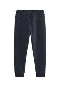 Mörkblå sweatpants med elastisk midja och muddar, tillverkade av ett mjukt, texturerat material, med rak passform för komfort.