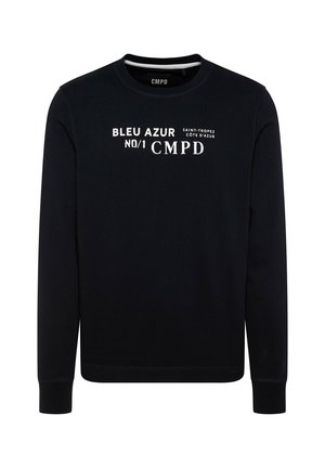 Marineblaues Baumwoll-Sweatshirt mit langen Ärmeln, Rundhalsausschnitt und weißem Aufdruck: "BLEU AZUR NO/1 CMPD SAINT-TROPEZ COTE D'AZUR."