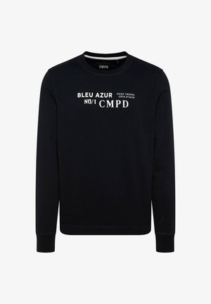 Marineblaues Baumwoll-Sweatshirt mit langen Ärmeln, Rundhalsausschnitt und weißem Aufdruck: "BLEU AZUR NO/1 CMPD SAINT-TROPEZ COTE D'AZUR."