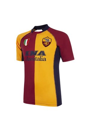 Maglia da calcio a strisce verticali bordeaux e gialle, toppa con la bandiera italiana, stemma del club e logo dello sponsor INA Assitalia sul davanti.