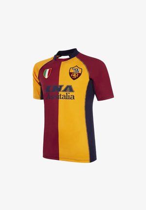 Voetbalshirt met verticale bordeauxrode en gele strepen, een patch van de Italiaanse vlag, clubembleem en het sponsorlogo van INA Assitalia op de voorkant.