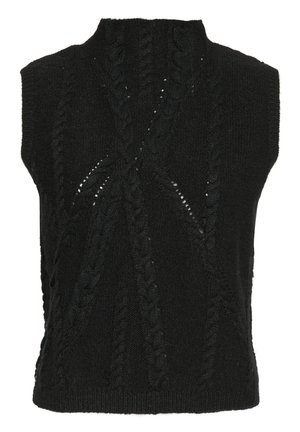 Top negru fără mâneci, din tricot, cu un model în cablu, guler înalt, finisaj texturat și detalii cu cusături deschise pe tot parcursul.