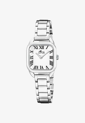 Silberne Metalluhr mit quadratischem Zifferblatt. Weißes Zifferblatt mit schwarzen römischen Zahlen. Gliederarmbanddesign, polierte Oberfläche, minimalistisches Design.