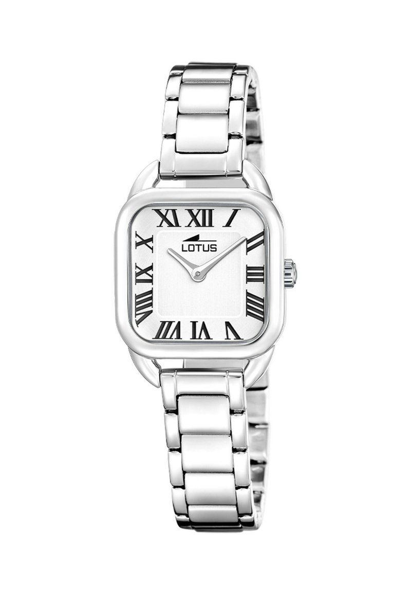 Orologio in metallo argento con cassa quadrata. Quadrante bianco con numeri romani neri. Bracciale a maglie, finitura lucida, estetica minimalista.