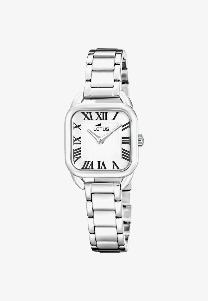 Silberne Metalluhr mit quadratischem Zifferblatt. Weißes Zifferblatt mit schwarzen römischen Zahlen. Gliederarmbanddesign, polierte Oberfläche, minimalistisches Design.