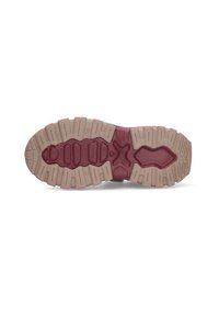 Shoe sole with a maroon rubber base, featuring deep tread grooves and beige accents for traction; textured surface for added grip.