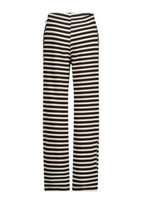 Pantaloni a gamba larga in un tessuto a costine, con righe orizzontali nere e crema e vita a media altezza.