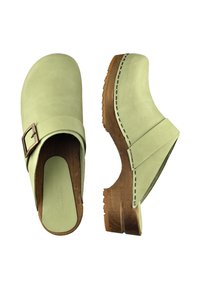 Light green clogs made of suede with a wooden sole, featuring a decorative buckle and contrasting stitching along the edge.