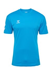 Blå atletisk t-shirt gjord av ett glansigt, lätt tyg. Har rund halsringning, korta ärmar och kontrasterande vit logotyp och ränder.