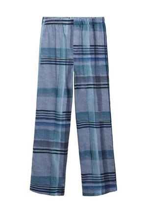 Blue plaid pants with an elastic waistband, featuring varying shades of blue, navy stripes, and a relaxed fit. Lightweight fabric.