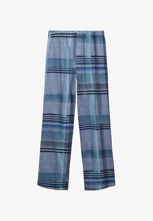 Modré kárované nohavice s elastickým pásom, obsahujúce rôzne odtiene modrej, námornícke pruhy a uvoľnený strih. Ľahký materiál.