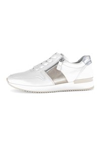 White athletic shoe with a metallic silver accent, round toe, textured side panel, lace-up design, side zipper, and rubber sole.