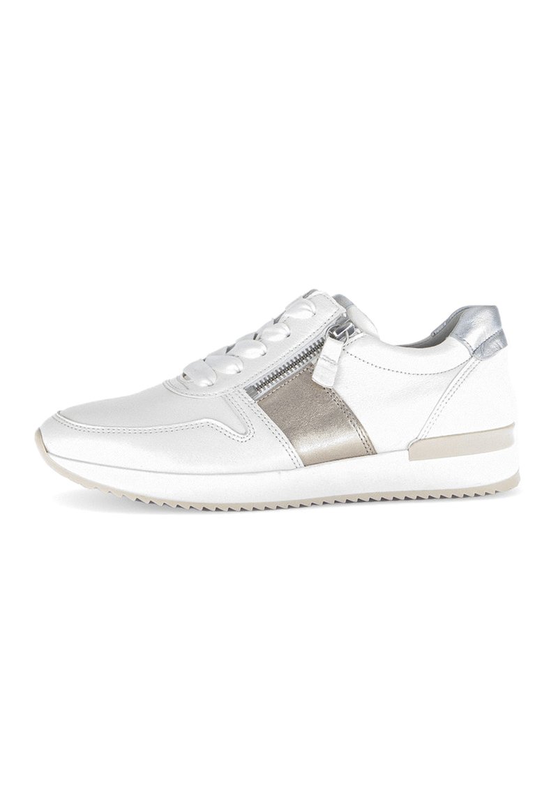White athletic shoe with a metallic silver accent, round toe, textured side panel, lace-up design, side zipper, and rubber sole.